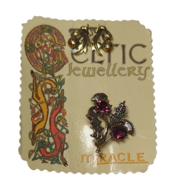 Vintage Miracle Celtic Thistle Brooch & Earrings Set – Purple Stones